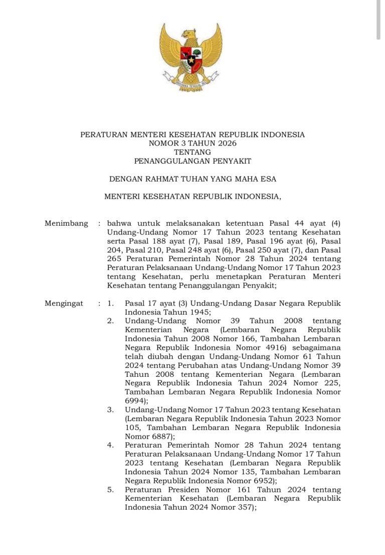 Peraturan Menteri Kesehatan No.3 Tahun 2026 Tentang Penanggulangan Penyakit itu Cacat Secara Hukum.